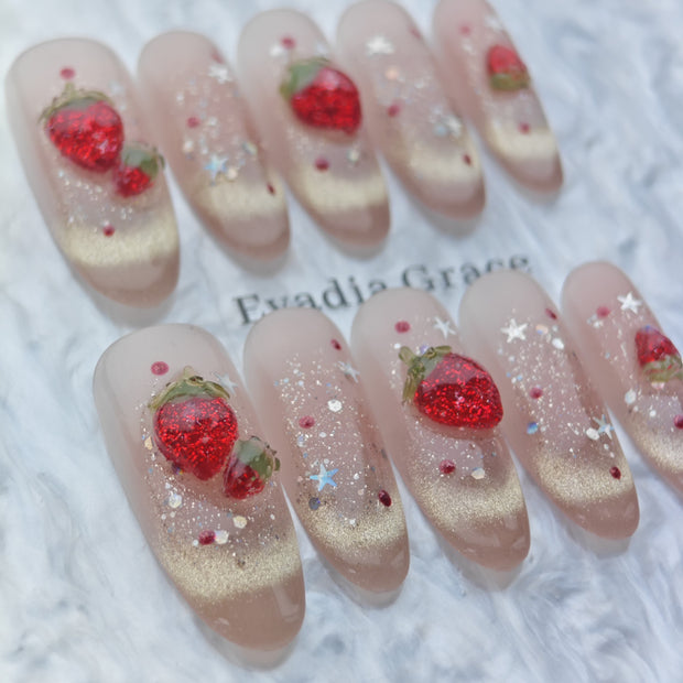 Strawberry Glitter Press-On Nails – Nude Pink with Red Berry Design and Gold Sparkle | Cute Handmade Long Nail Art
