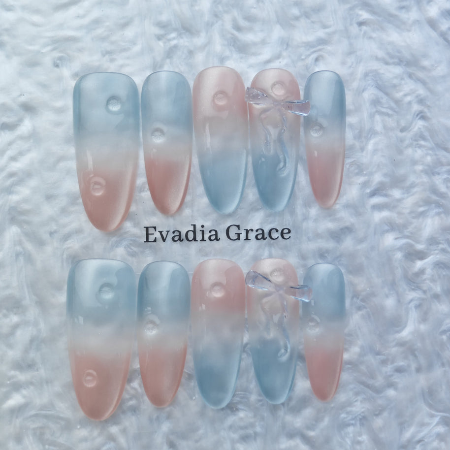 Frosted Pink Blue Gradient Press-On Nails – Jelly Glass Drop with 3D Bow | Minimalist Korean Aesthetic Nails