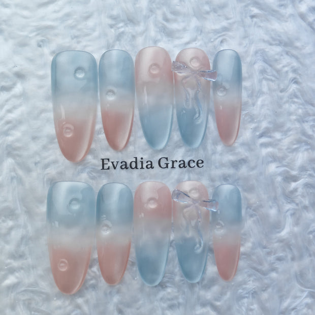 Frosted Pink Blue Gradient Press-On Nails – Jelly Glass Drop with 3D Bow | Minimalist Korean Aesthetic Nails