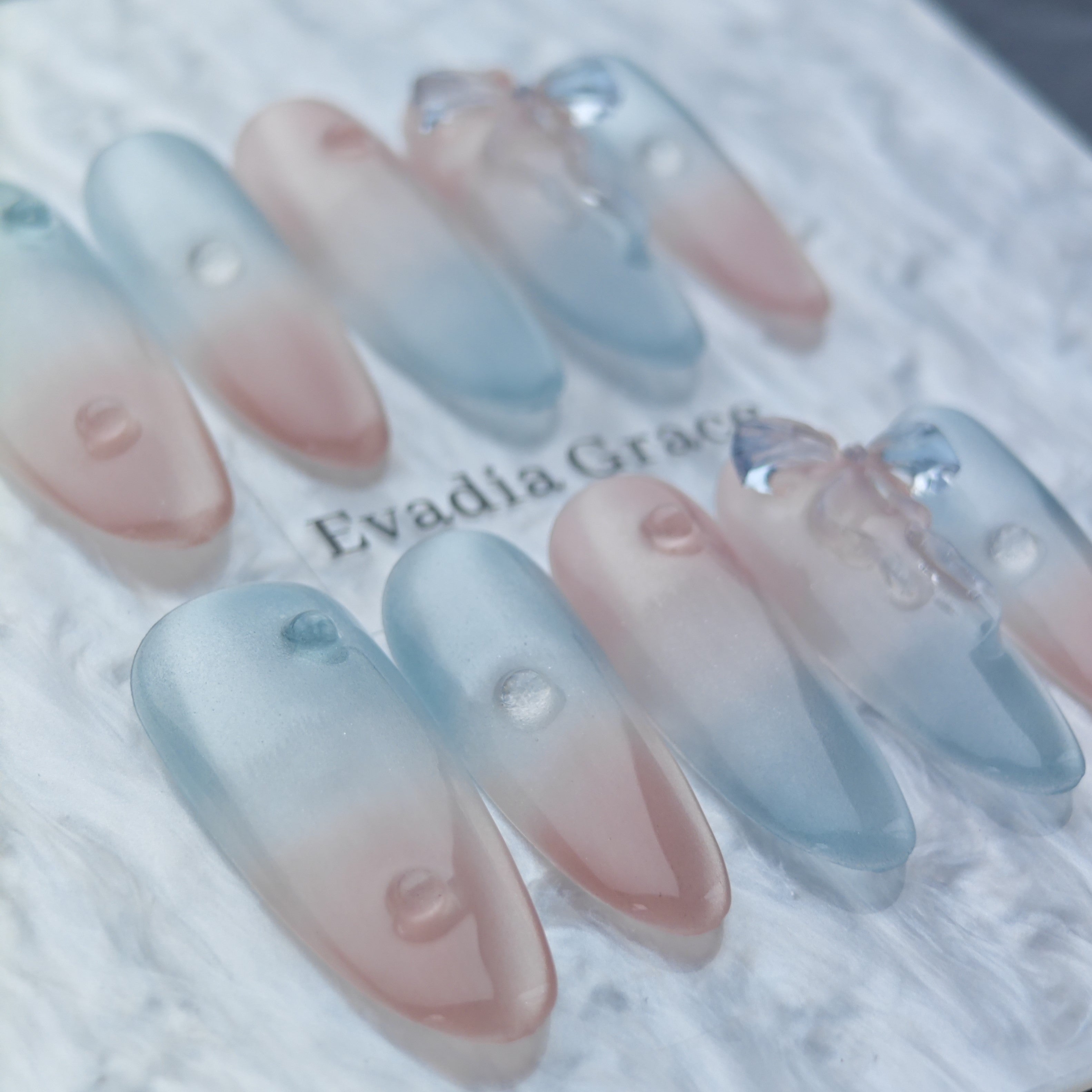 Frosted Pink Blue Gradient Press-On Nails – Jelly Glass Drop with 3D Bow | Minimalist Korean Aesthetic Nails
