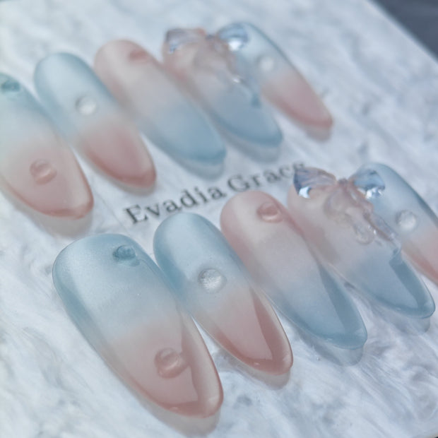 Frosted Pink Blue Gradient Press-On Nails – Jelly Glass Drop with 3D Bow | Minimalist Korean Aesthetic Nails