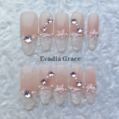 Pink Pearl Lace Press-On Nails – 3D Bow & Rhinestone Accent | Elegant French Nude Nail Design