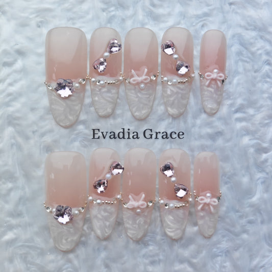Pink Pearl Lace Press-On Nails – 3D Bow & Rhinestone Accent | Elegant French Nude Nail Design