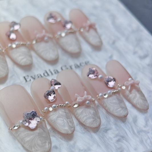 Pink Pearl Lace Press-On Nails – 3D Bow & Rhinestone Accent | Elegant French Nude Nail Design