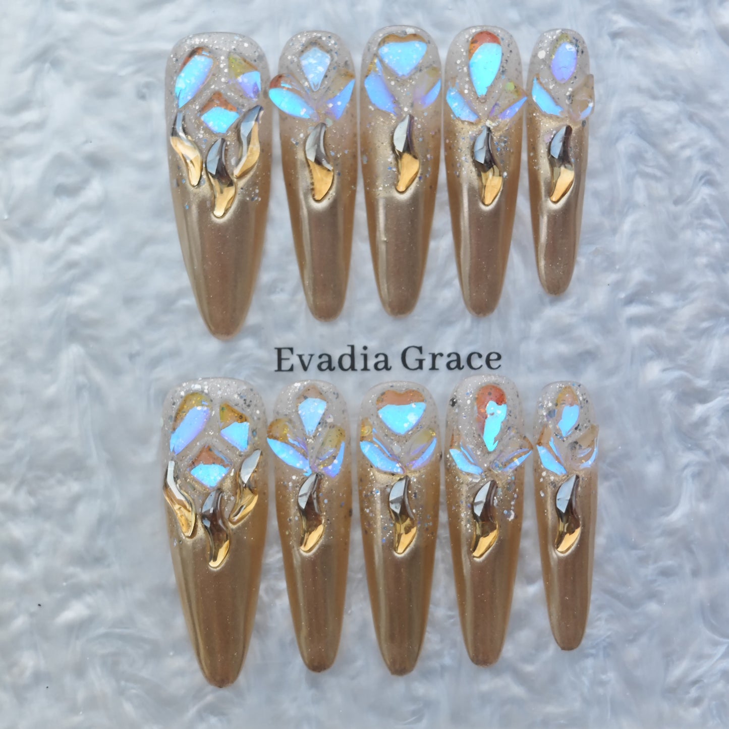 Gold Chrome Aurora Nails – 3D Iridescent Shattered Glass Design | Luxury Press-On Nails by Evadia Grace
