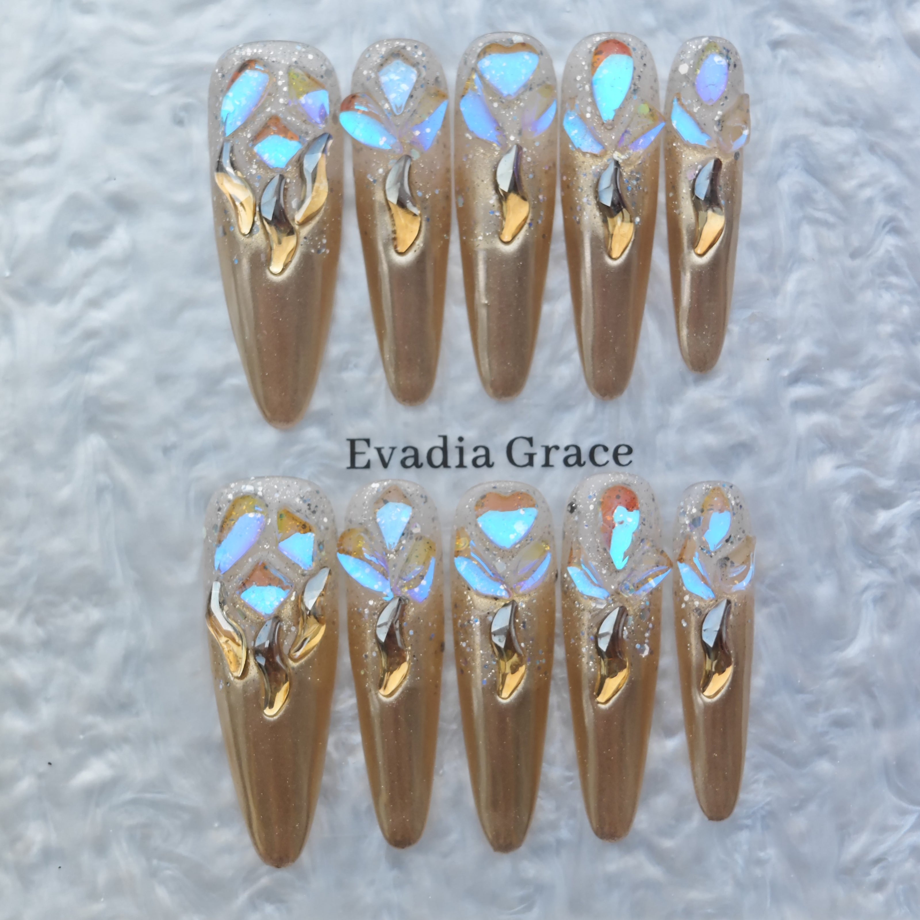 Gold Chrome Aurora Nails – 3D Iridescent Shattered Glass Design | Luxury Press-On Nails by Evadia Grace