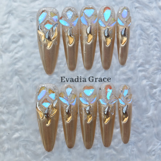 Gold Chrome Aurora Nails – 3D Iridescent Shattered Glass Design | Luxury Press-On Nails by Evadia Grace