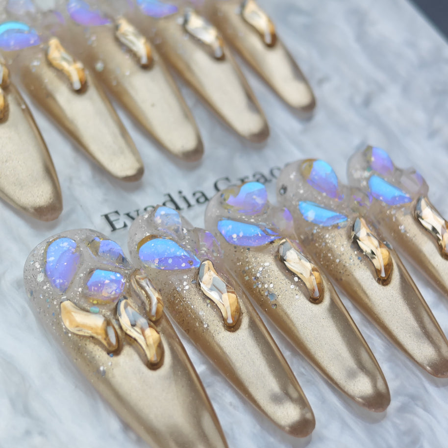 Gold Chrome Aurora Nails – 3D Iridescent Shattered Glass Design | Luxury Press-On Nails by Evadia Grace