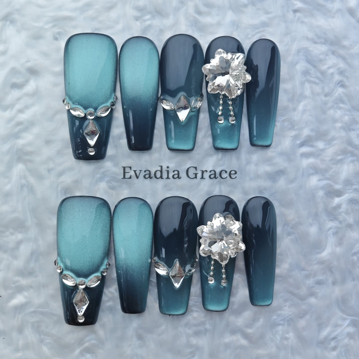 Midnight Teal Ombre Nails – Crystal Cluster Accent with Chrome Detailing | Luxury Press-On Nails by Evadia Grace