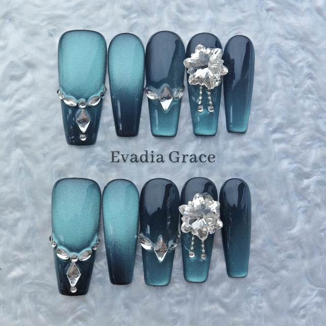 Midnight Teal Ombre Nails – Crystal Cluster Accent with Chrome Detailing | Luxury Press-On Nails by Evadia Grace