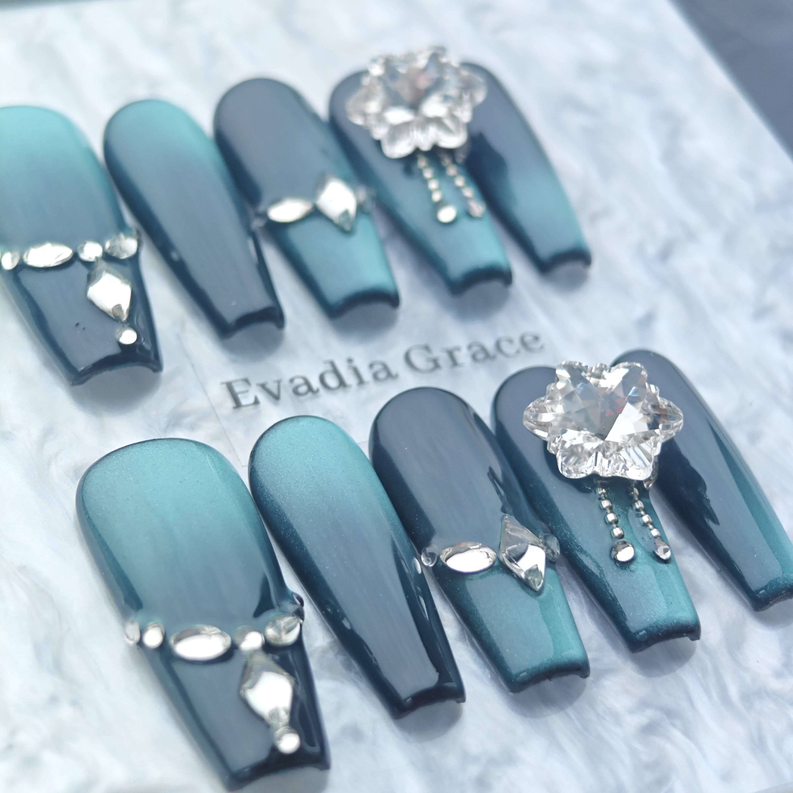 Midnight Teal Ombre Nails – Crystal Cluster Accent with Chrome Detailing | Luxury Press-On Nails by Evadia Grace
