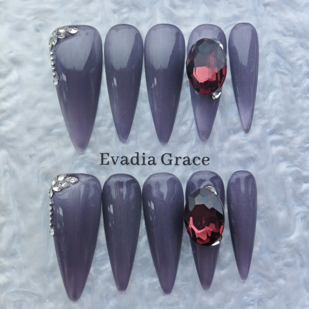 Royal Amethyst Press-On Nails – Long Stiletto with Red Gem and Silver Crystal Accents | Luxury Handmade Reusable Nail Art