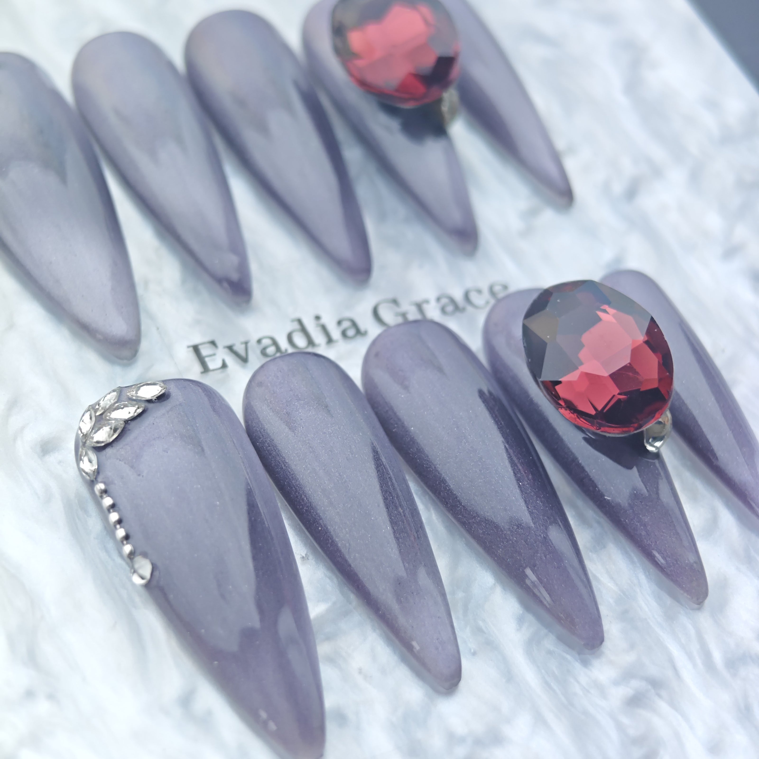Royal Amethyst Press-On Nails – Long Stiletto with Red Gem and Silver Crystal Accents | Luxury Handmade Reusable Nail Art