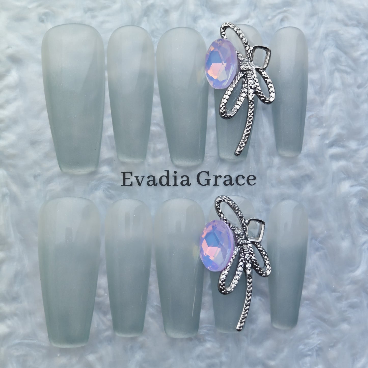 Silver Frost Matte Press-On Nails – Minimalist Opal Gem with Metal Ribbon Accent