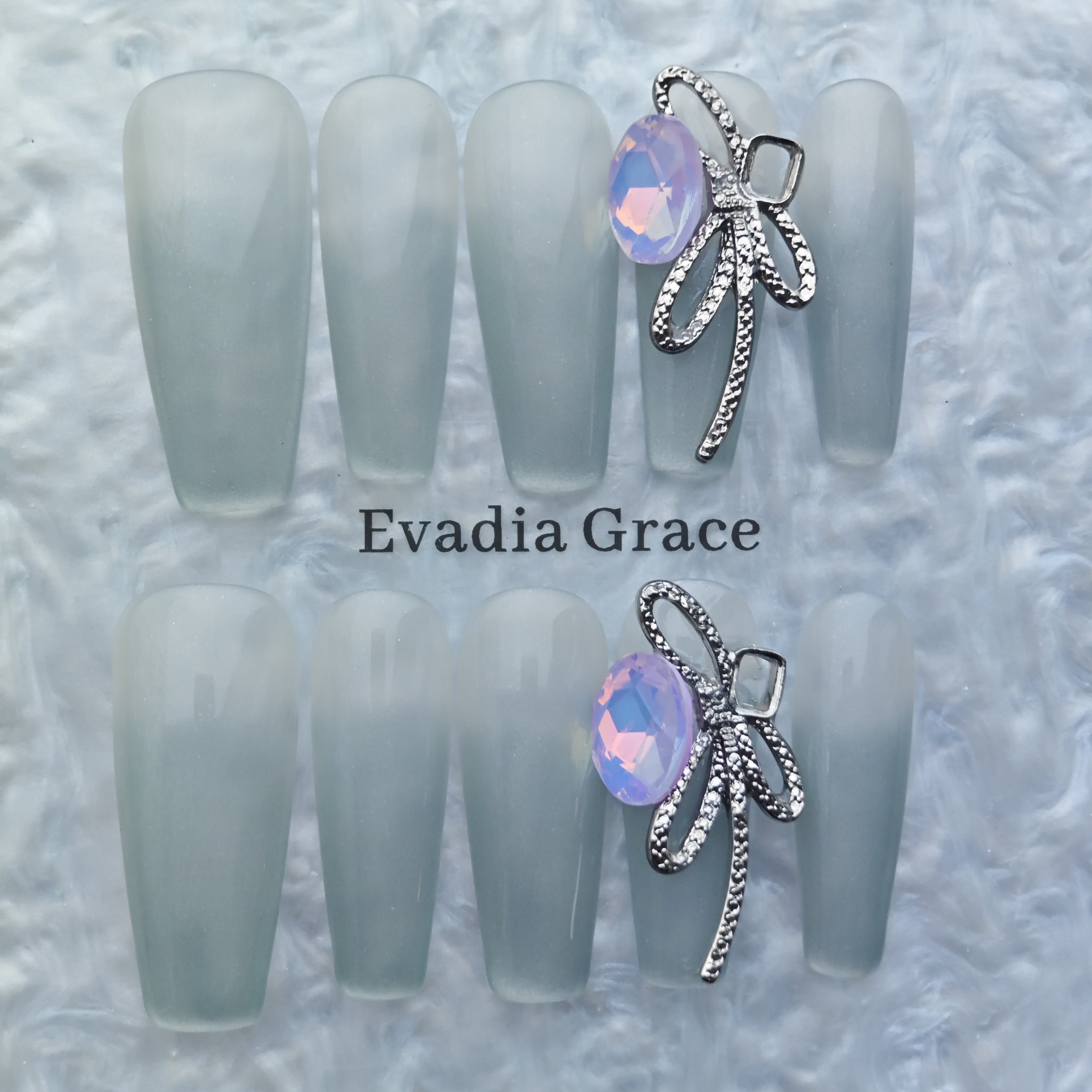 Silver Frost Matte Press-On Nails – Minimalist Opal Gem with Metal Ribbon Accent