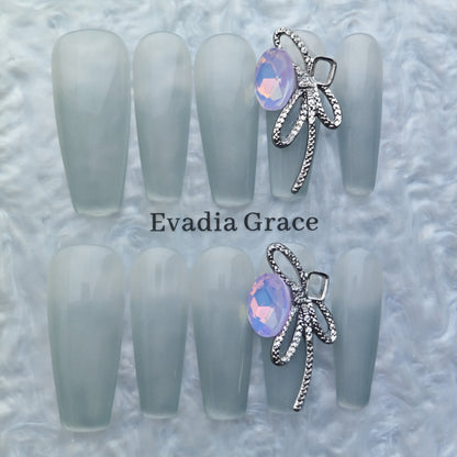 Silver Frost Matte Press-On Nails – Minimalist Opal Gem with Metal Ribbon Accent