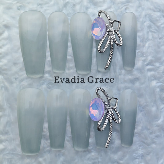 Silver Frost Matte Press-On Nails – Minimalist Opal Gem with Metal Ribbon Accent
