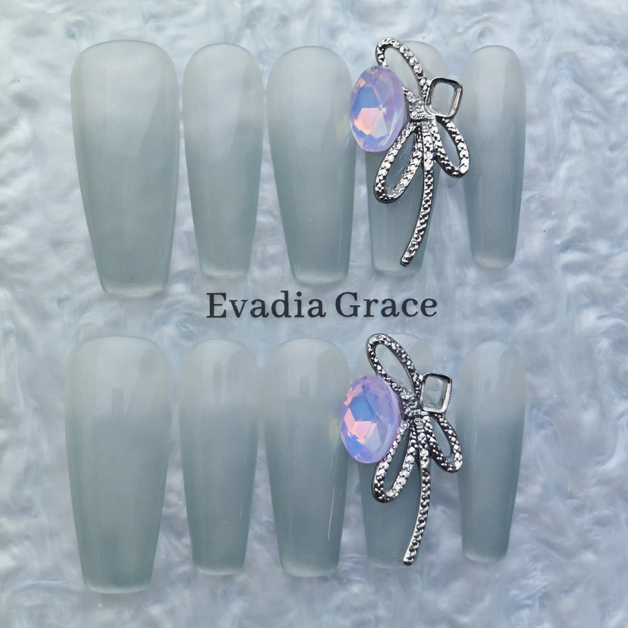 Silver Frost Matte Press-On Nails – Minimalist Opal Gem with Metal Ribbon Accent