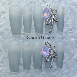Silver Frost Matte Press-On Nails – Minimalist Opal Gem with Metal Ribbon Accent