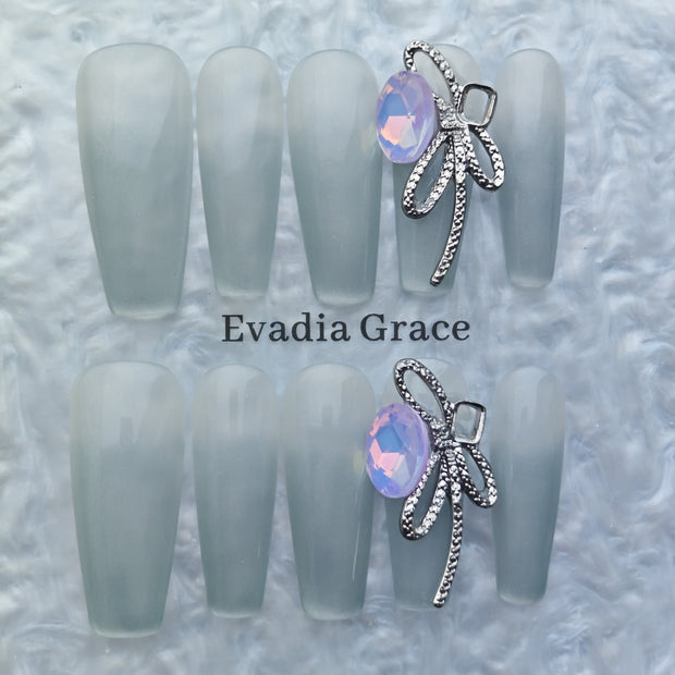 Silver Frost Matte Press-On Nails – Minimalist Opal Gem with Metal Ribbon Accent