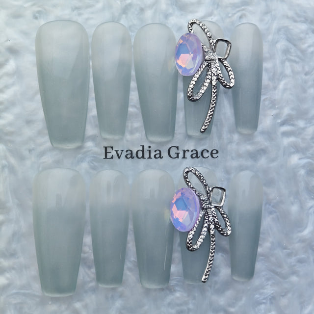 Silver Frost Matte Press-On Nails – Minimalist Opal Gem with Metal Ribbon Accent