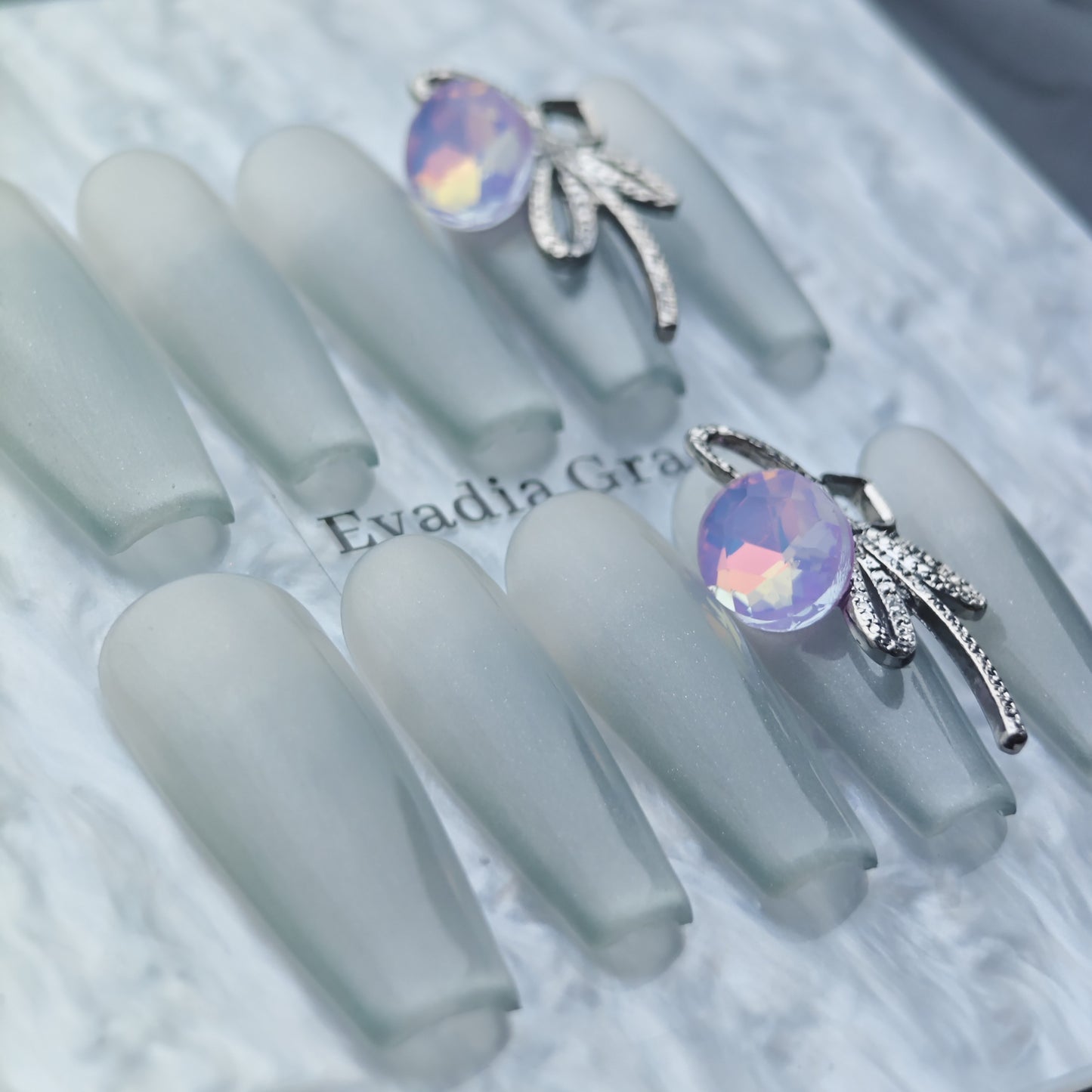 Silver Frost Matte Press-On Nails – Minimalist Opal Gem with Metal Ribbon Accent