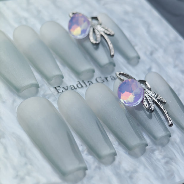 Silver Frost Matte Press-On Nails – Minimalist Opal Gem with Metal Ribbon Accent