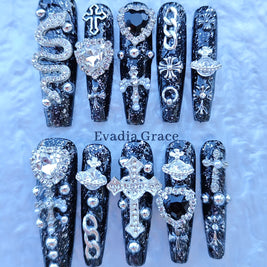 Gothic Black Press On Nails with 3D Cross, Snake & Rhinestones – Long Coffin Luxury Bling Fake Nails Set