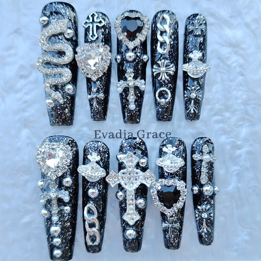Gothic Black Press On Nails with 3D Cross, Snake & Rhinestones – Long Coffin Luxury Bling Fake Nails Set