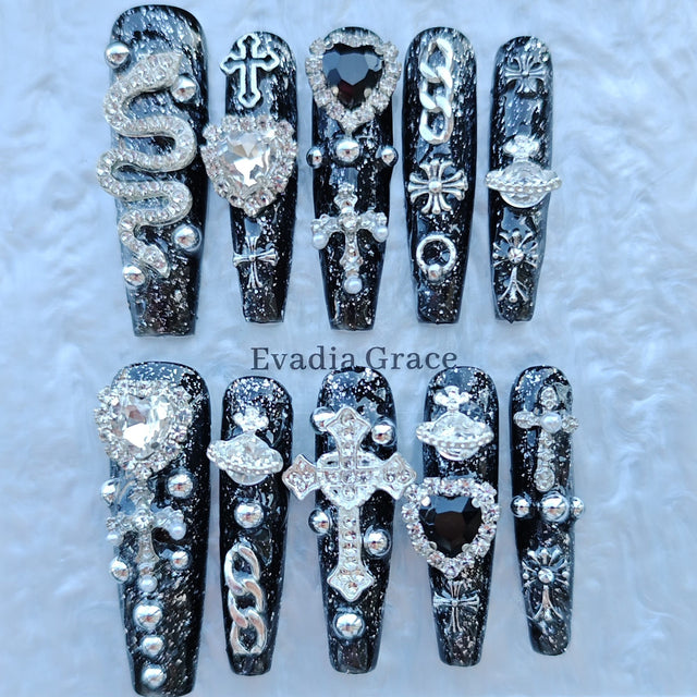 Gothic Black Press On Nails with 3D Cross, Snake & Rhinestones – Long Coffin Luxury Bling Fake Nails Set