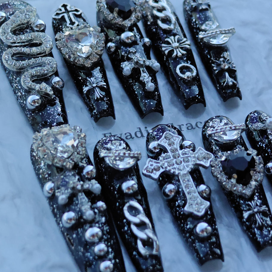 Gothic Black Press On Nails with 3D Cross, Snake & Rhinestones – Long Coffin Luxury Bling Fake Nails Set