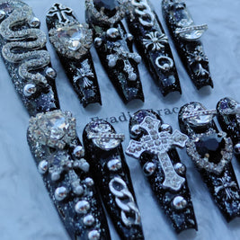 Gothic Black Press On Nails with 3D Cross, Snake & Rhinestones – Long Coffin Luxury Bling Fake Nails Set