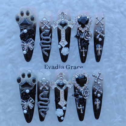 Gothic Black Press On Nails with 3D Cross, Snake, Paw Print & Rhinestones – Long Coffin Luxury Bling Fake Nail Set