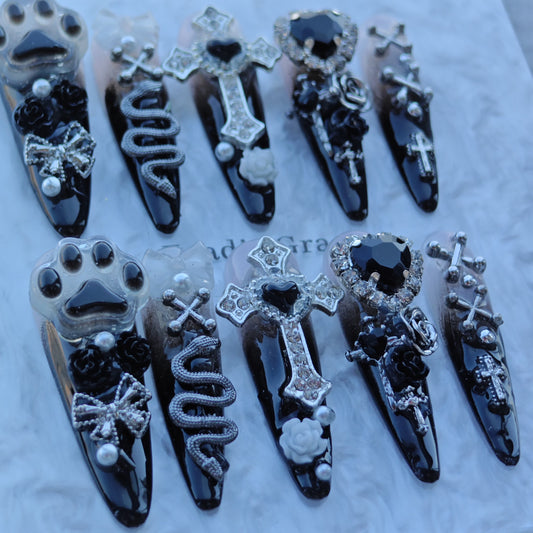 Gothic Black Press On Nails with 3D Cross, Snake, Paw Print & Rhinestones – Long Coffin Luxury Bling Fake Nail Set