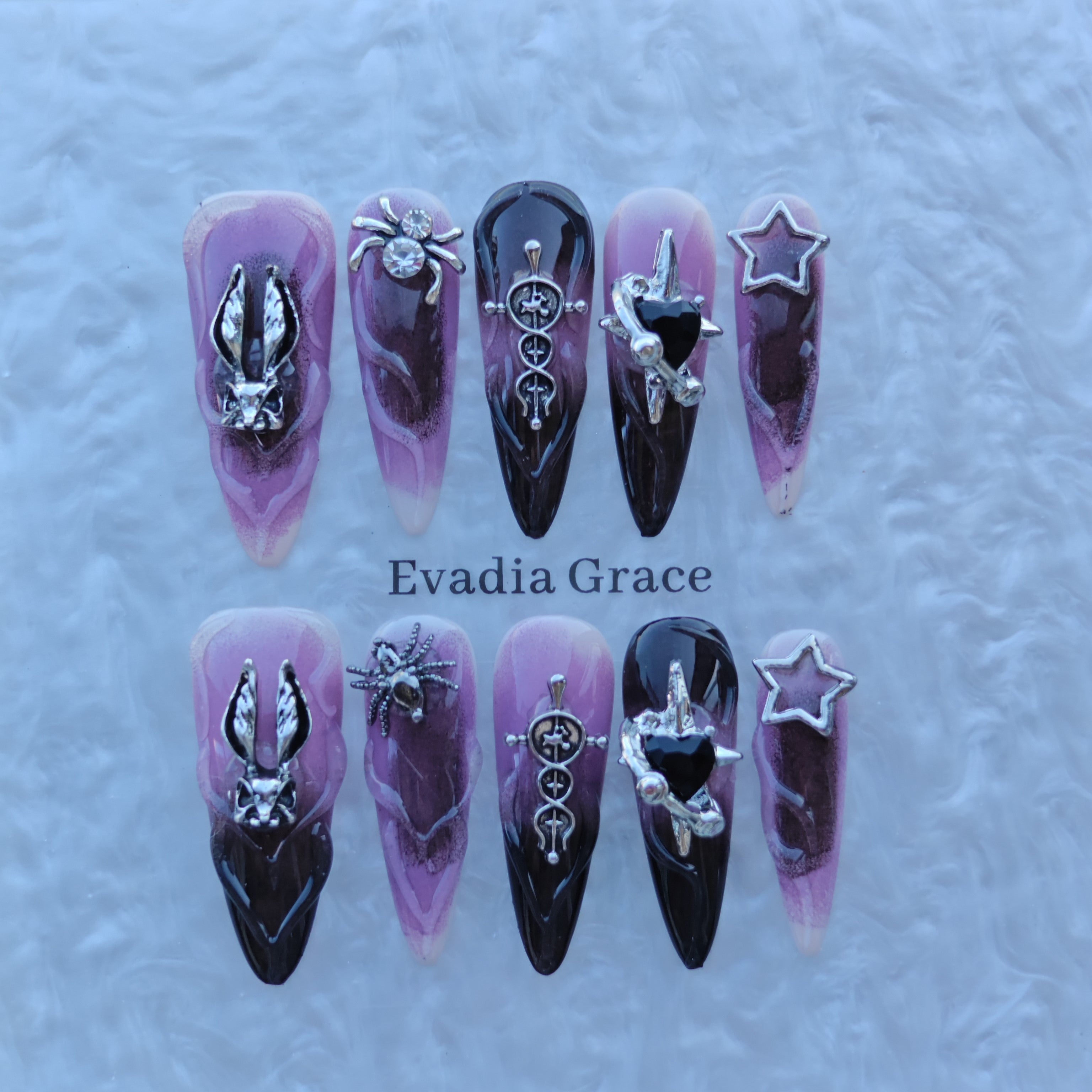 Amethyst Mist Gothic Nails – 3D Rabbit Head, Spider Gem & Black Heart Charm | Fantasy Chrome Press-On Nails by Evadia Grace