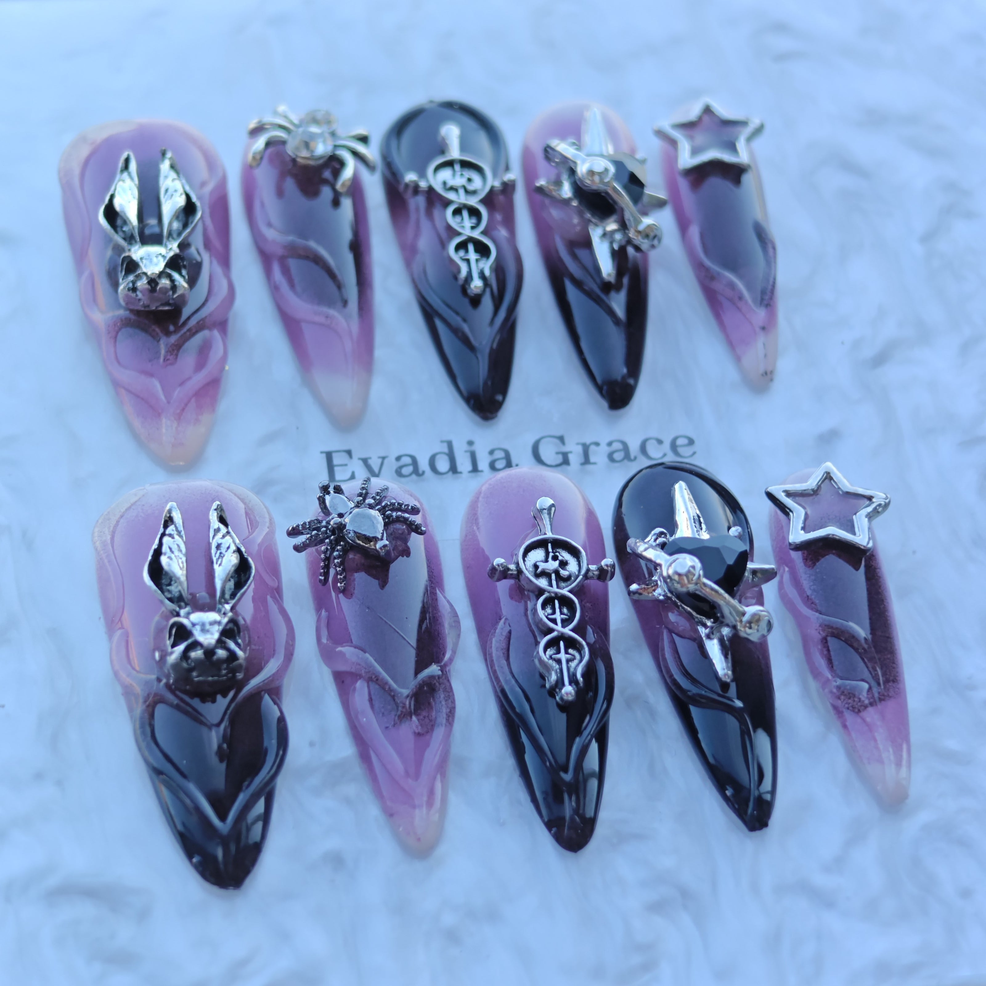 Amethyst Mist Gothic Nails – 3D Rabbit Head, Spider Gem & Black Heart Charm | Fantasy Chrome Press-On Nails by Evadia Grace