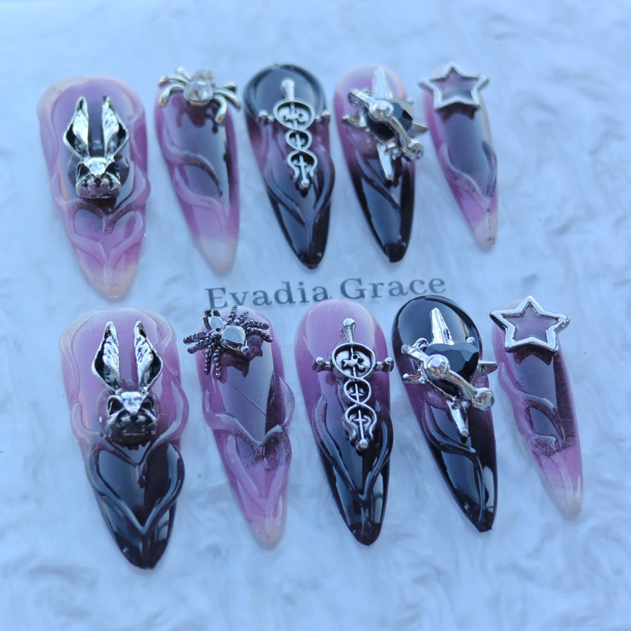 Amethyst Mist Gothic Nails – 3D Rabbit Head, Spider Gem & Black Heart Charm | Fantasy Chrome Press-On Nails by Evadia Grace