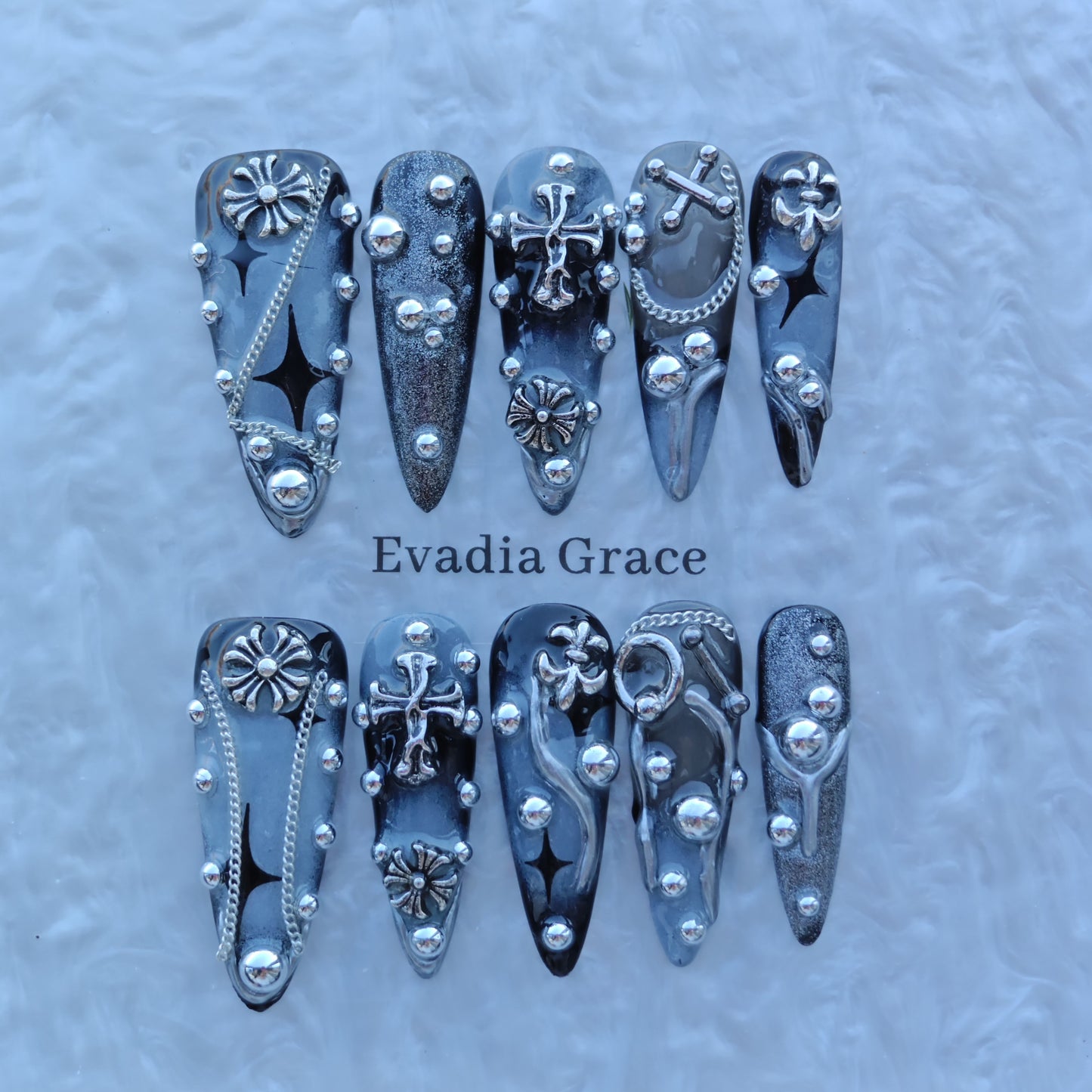Silver Chrome Rivet Nails – 3D Cross Accents, Chain Details & Liquid Metal Texture | Luxury Press-On Nails by Evadia Grace