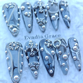 Silver Chrome Rivet Nails – 3D Cross Accents, Chain Details & Liquid Metal Texture | Luxury Press-On Nails by Evadia Grace