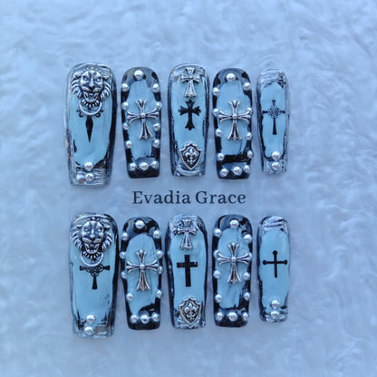 Frosted Gothic Crest Nails – Ice Blue Chrome with 3D Crosses, Lion Emblem & Shield Accents | Luxury Press-On Nails