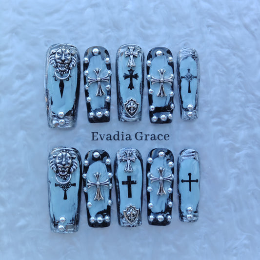 Frosted Gothic Crest Nails – Ice Blue Chrome with 3D Crosses, Lion Emblem & Shield Accents | Luxury Press-On Nails