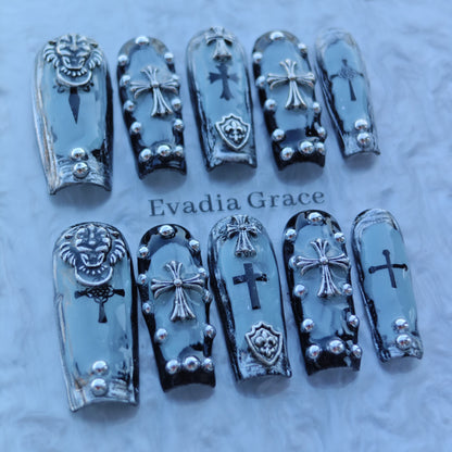 Frosted Gothic Crest Nails – Ice Blue Chrome with 3D Crosses, Lion Emblem & Shield Accents | Luxury Press-On Nails