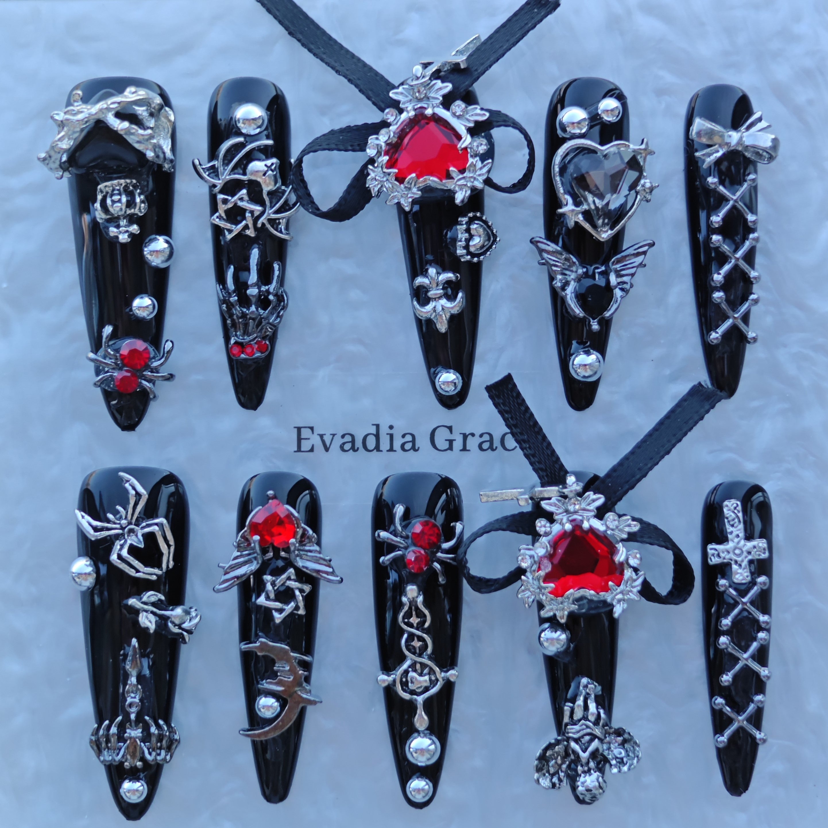 Gothic Red Heart Nails – Black Chrome Press-On Nails with Chains, Cross & Ribbon | Dark Vampire Glam by Evadia Grace
