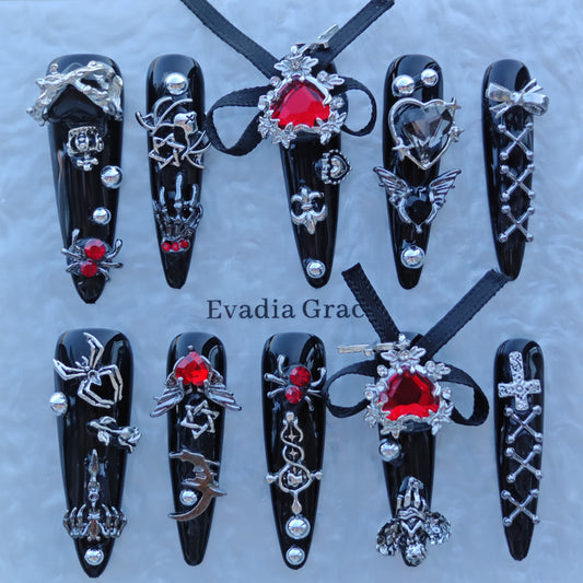 Gothic Red Heart Nails – Black Chrome Press-On Nails with Chains, Cross & Ribbon | Dark Vampire Glam by Evadia Grace