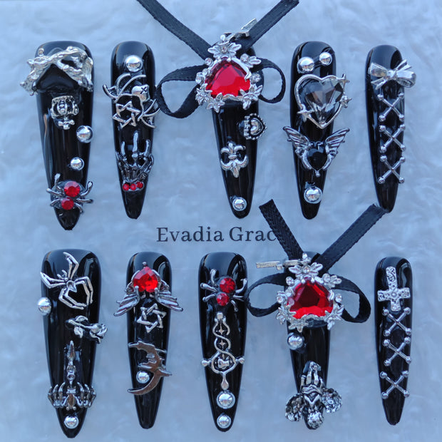 Gothic Red Heart Nails – Black Chrome Press-On Nails with Chains, Cross & Ribbon | Dark Vampire Glam by Evadia Grace