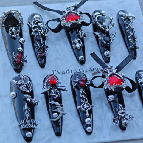 Gothic Red Heart Nails – Black Chrome Press-On Nails with Chains, Cross & Ribbon | Dark Vampire Glam by Evadia Grace