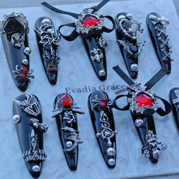 Gothic Red Heart Nails – Black Chrome Press-On Nails with Chains, Cross & Ribbon | Dark Vampire Glam by Evadia Grace