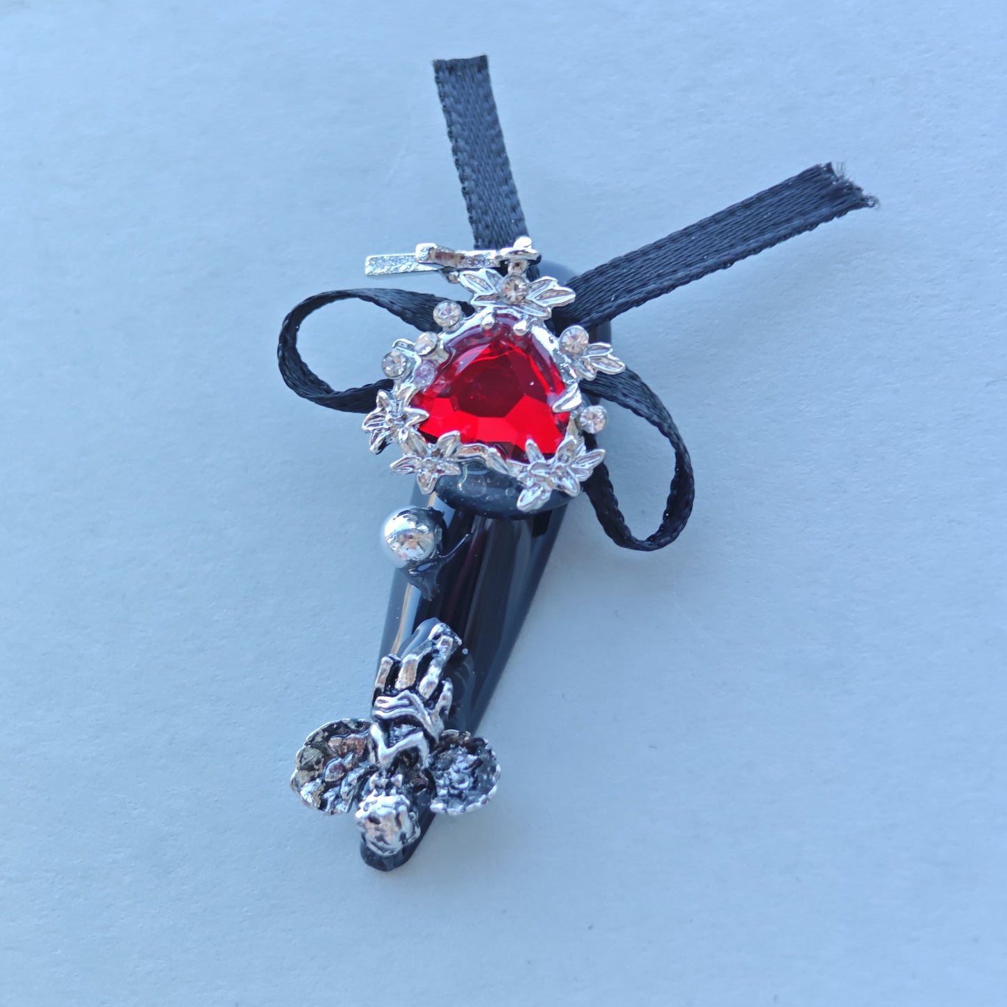 Gothic Red Heart Nails – Black Chrome Press-On Nails with Chains, Cross & Ribbon | Dark Vampire Glam by Evadia Grace