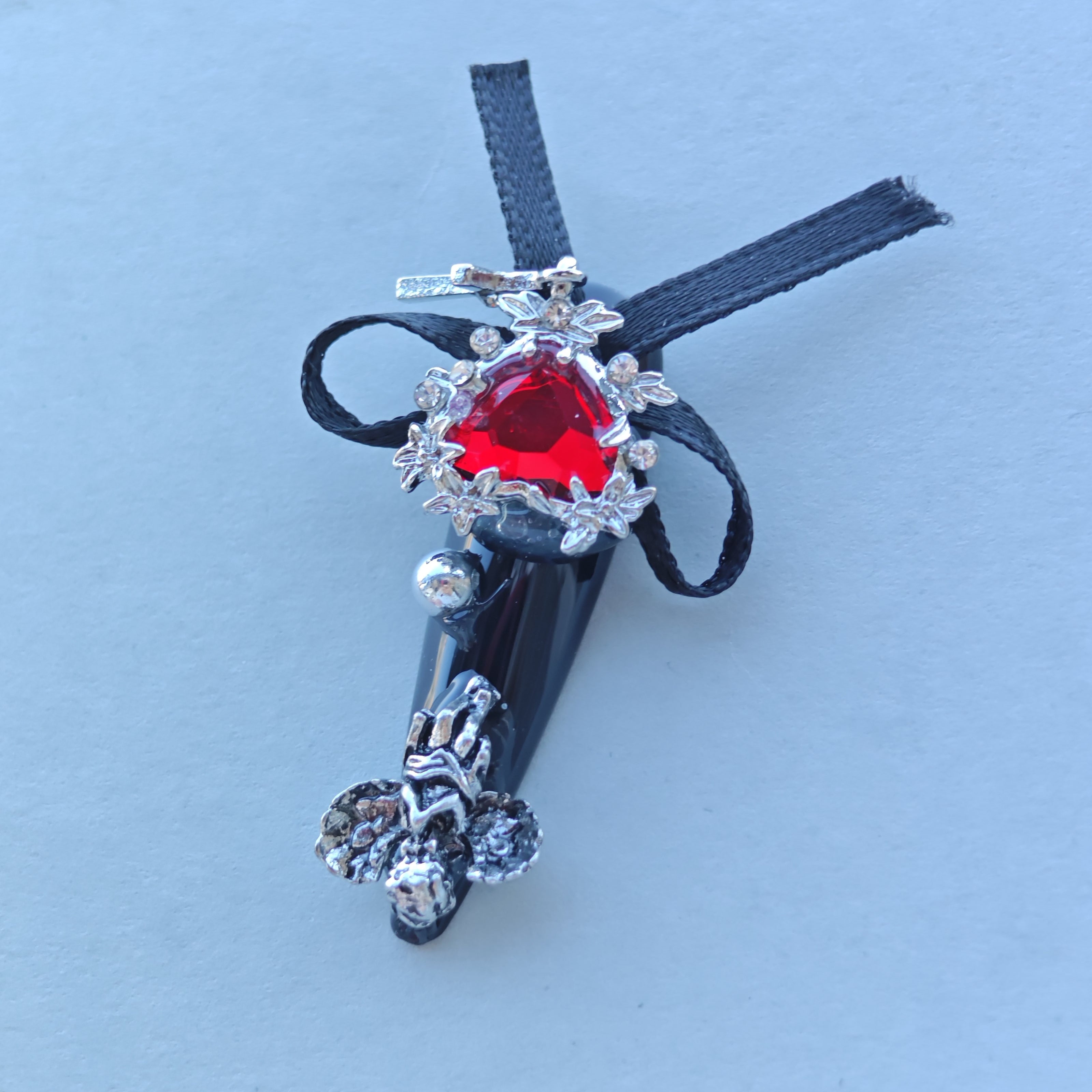 Gothic Red Heart Nails – Black Chrome Press-On Nails with Chains, Cross & Ribbon | Dark Vampire Glam by Evadia Grace