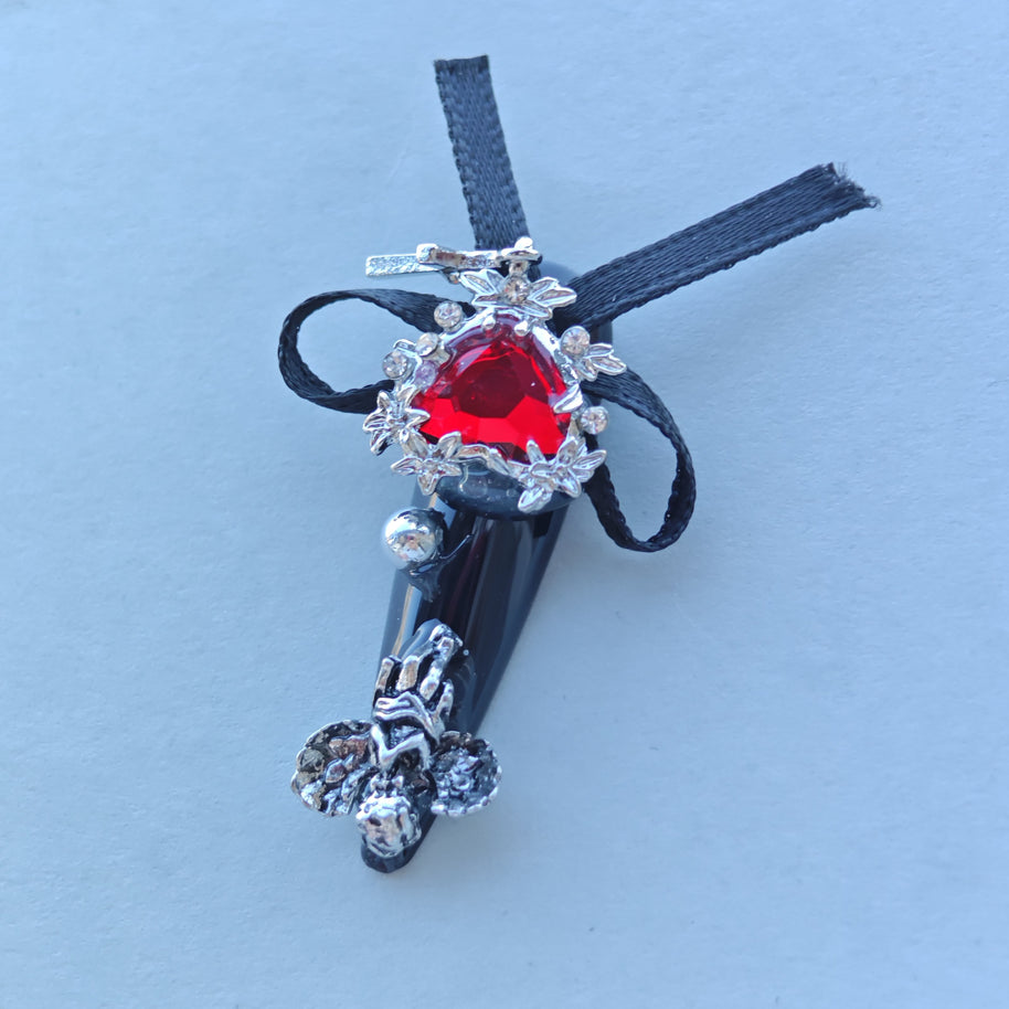 Gothic Red Heart Nails – Black Chrome Press-On Nails with Chains, Cross & Ribbon | Dark Vampire Glam by Evadia Grace